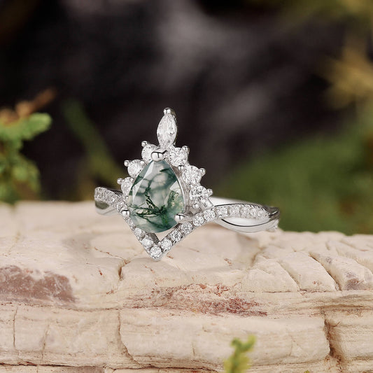 Pear Stack Moss Agate Leaf Engagement Ring