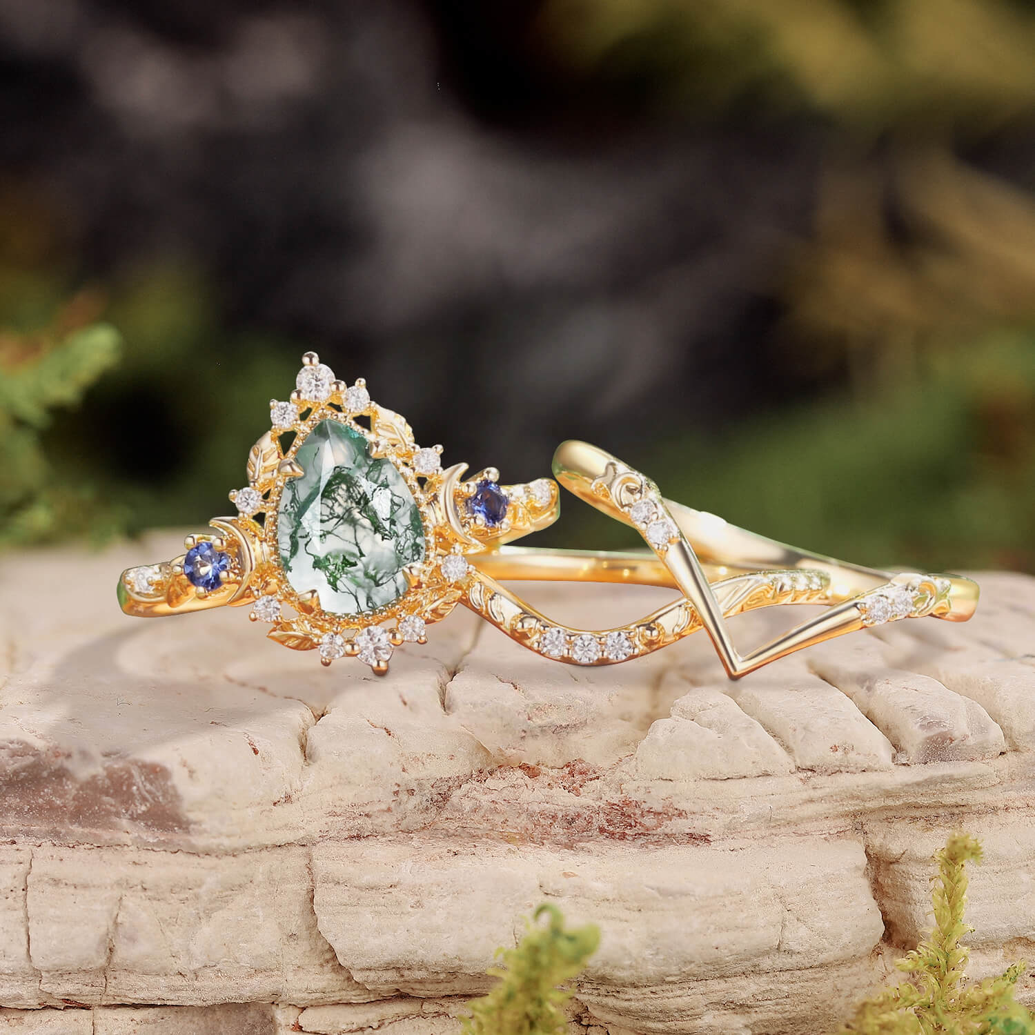 Unique Moonlight Moss Agate Pear Cut Vine Leaf Ring Bridal Sets 2pcs