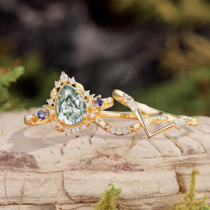 Unique Moonlight Moss Agate Pear Cut Vine Leaf Ring Bridal Sets 2pcs