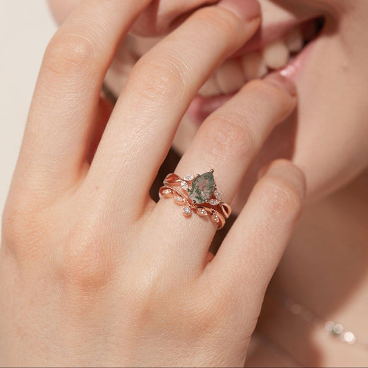 Autumn Pear Shaped Moss Agate Bridal Ring Set 2pcs