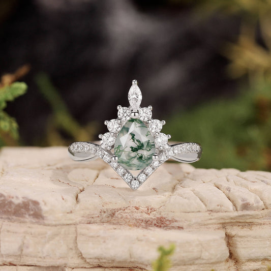 Pear Stack Moss Agate Leaf Engagement Ring