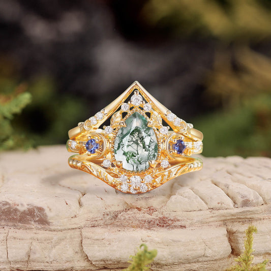 Unique Moonlight Moss Agate Pear Cut Vine Leaf Ring Bridal Sets 2pcs