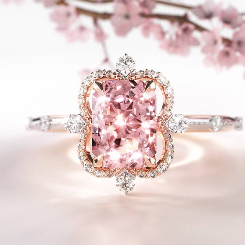 Floating Halo Design 2CT Radiant Cut Fancy Pink Gemstone Engagement Ring