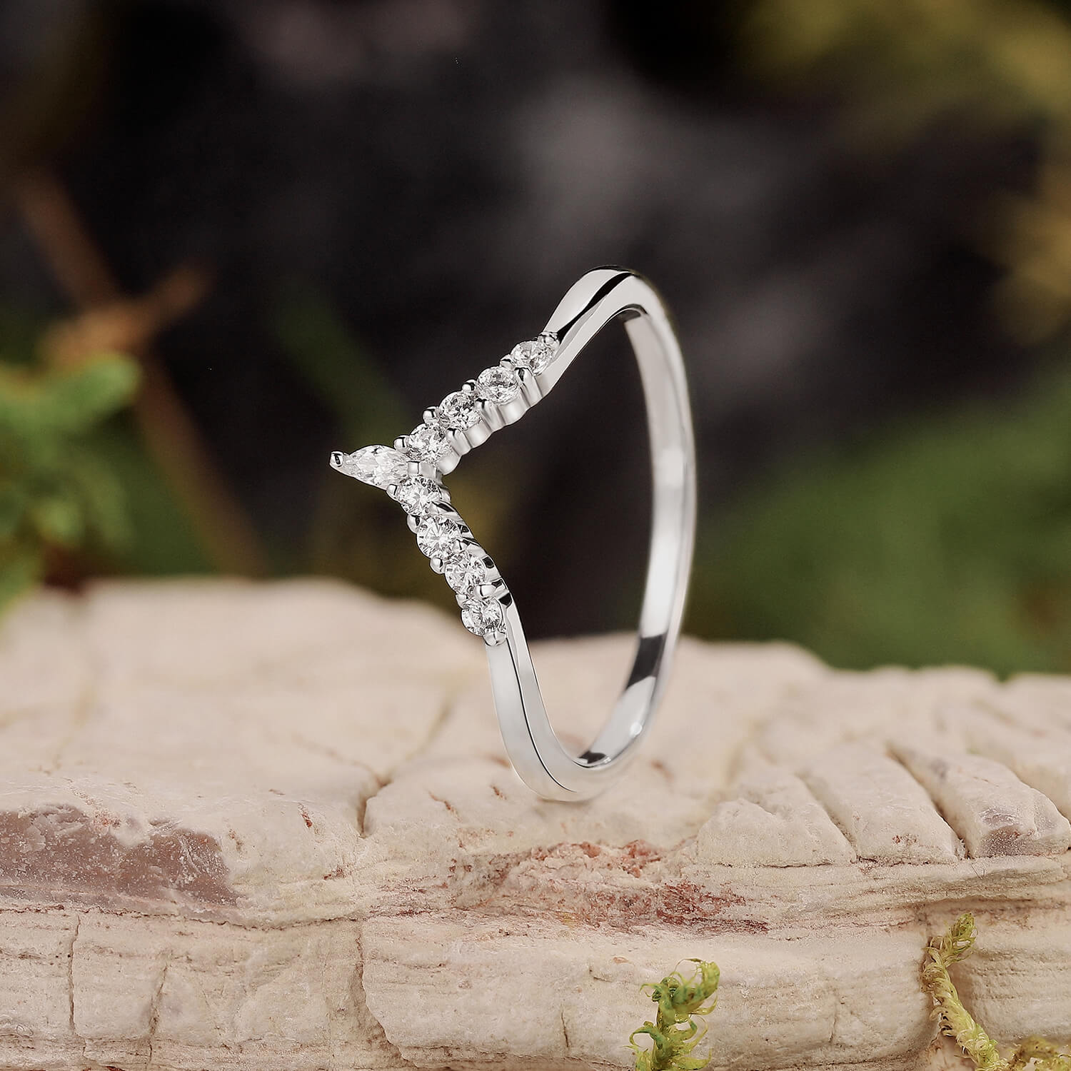 Round Cut Moissanite Half Eternity Curved Wedding Band in White Gold