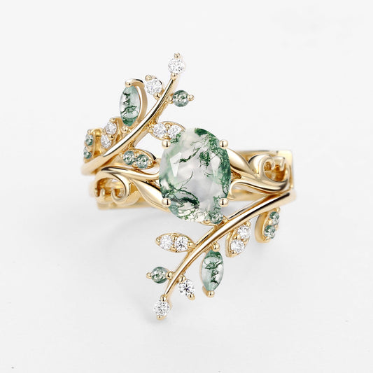Oval Shaped Moss Agate Engagement Ring Sets 2PCS - Talasi