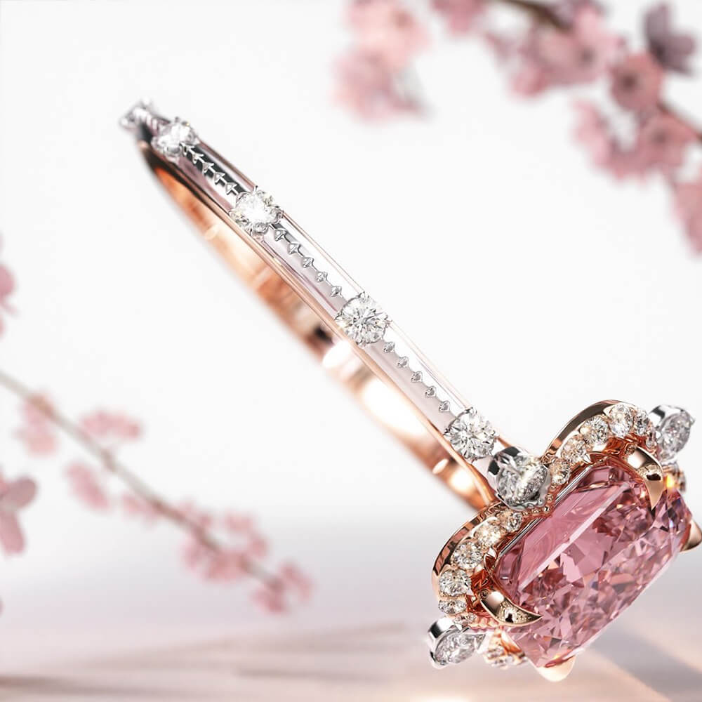 Floating Halo Design 2CT Radiant Cut Fancy Pink Gemstone Engagement Ring