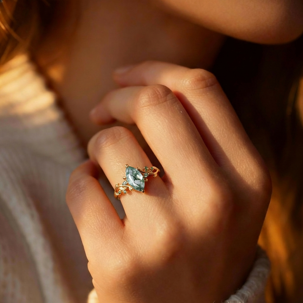 Nature Inspired Marquise Moss Agate Leafy Twist Engagement Ring