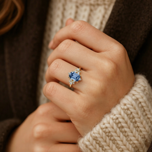 Lyra‘s Sonata | Vintage Emerald Cut Blue Gemstone Ring