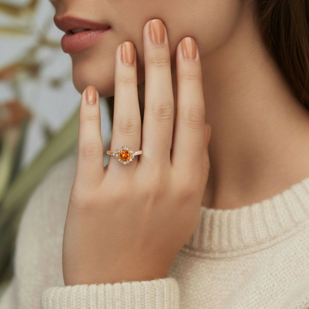 Eve's Garden 1CT Round Cut Orange Gemstone Halo Engagement Ring