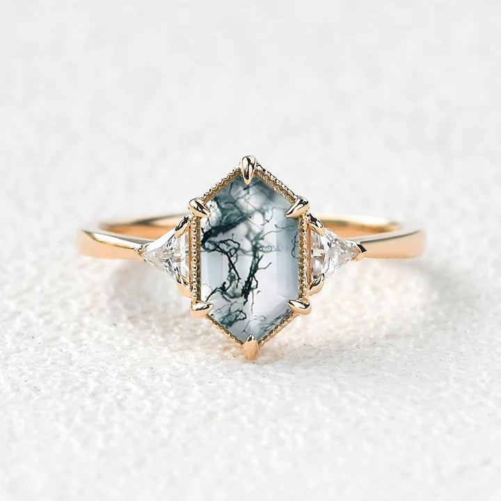 1.5ct Geometric Moss Agate Three-stone Vintage Ring