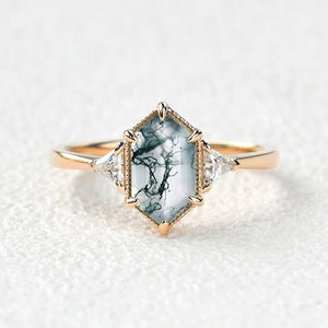 1.5ct Geometric Moss Agate Three-stone Vintage Ring