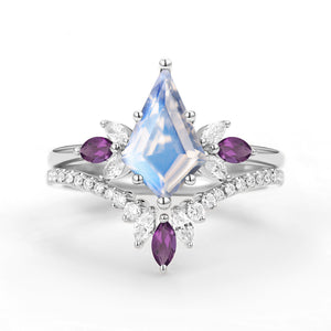 Butterfly Fairy - Unique Kite Cut Moss Agate & Amethyst Engagement Ring Set 2pcs