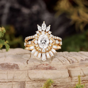 Unique Oval Cut Moissanite Sunflower Engagement Ring Set 3pcs