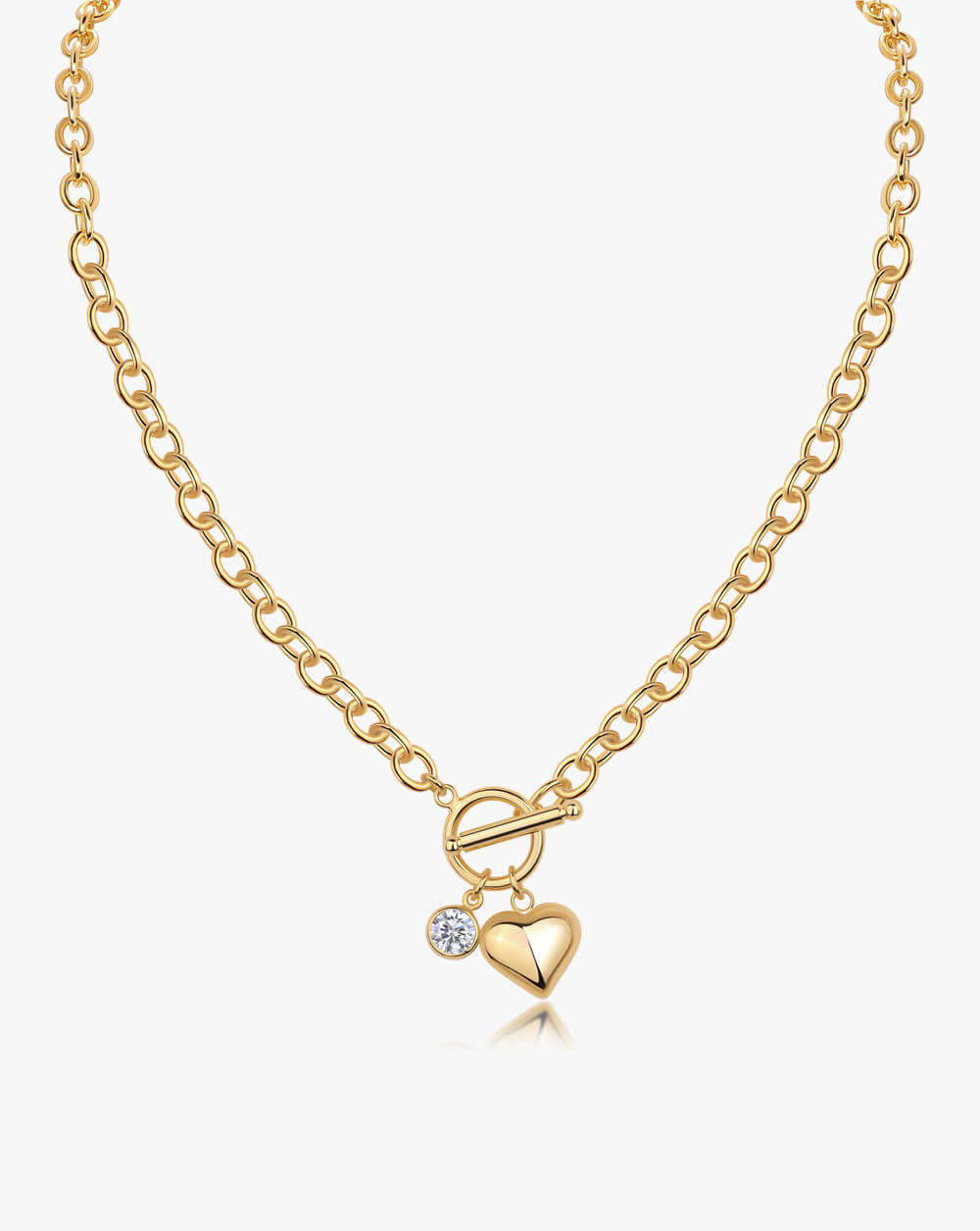 Romantic Gold  Heart Pendant Lariat Toggle Necklace In Silver Moissanite