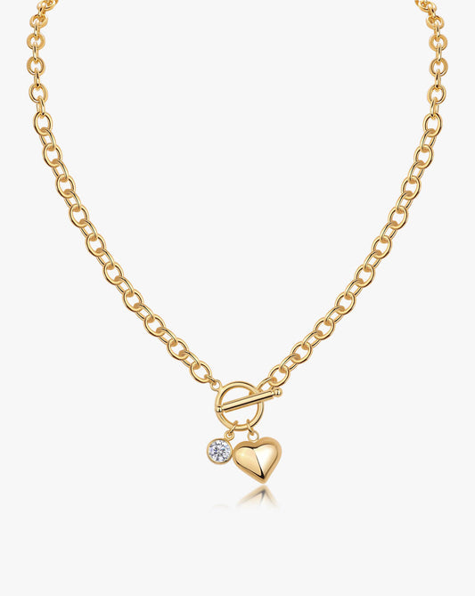 Romantic Gold  Heart Pendant Lariat Toggle Necklace In Silver Moissanite