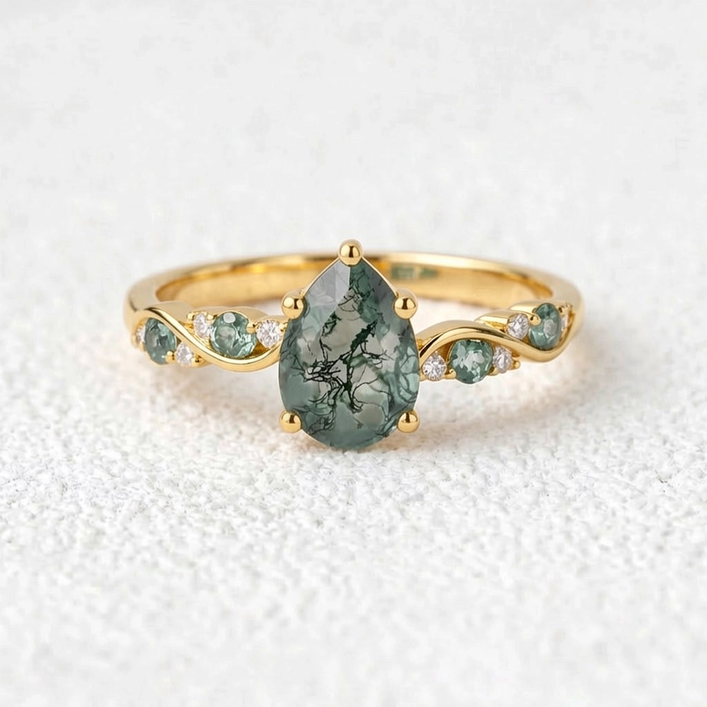 Nature Pear Cut Moss Agate Vine Engagement Ring
