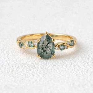 Nature Pear Cut Moss Agate Vine Engagement Ring