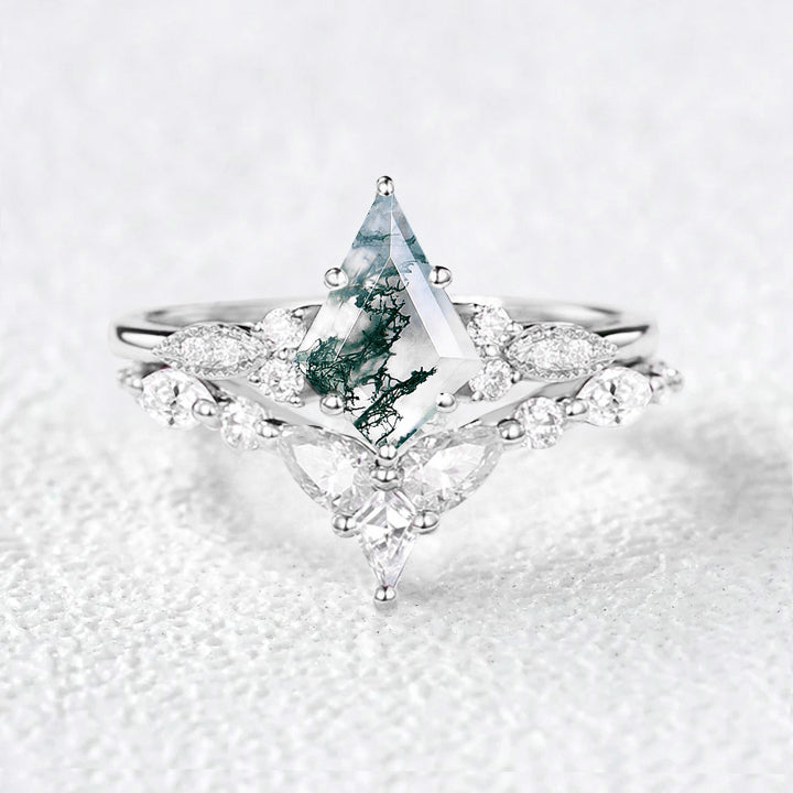 Moss Agate White Gold Engagement Ring Set 2pcs
