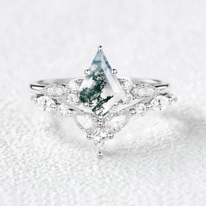 Moss Agate White Gold Engagement Ring Set 2pcs