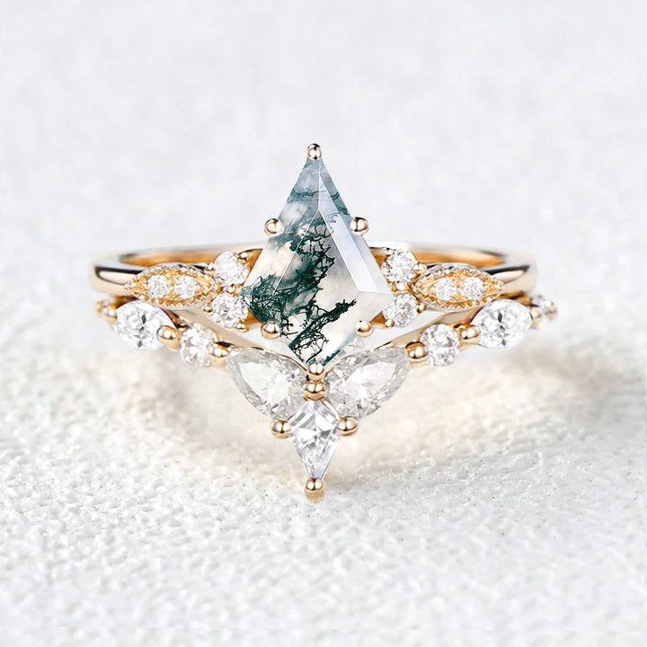 Moss Agate White Gold Engagement Ring Set 2pcs