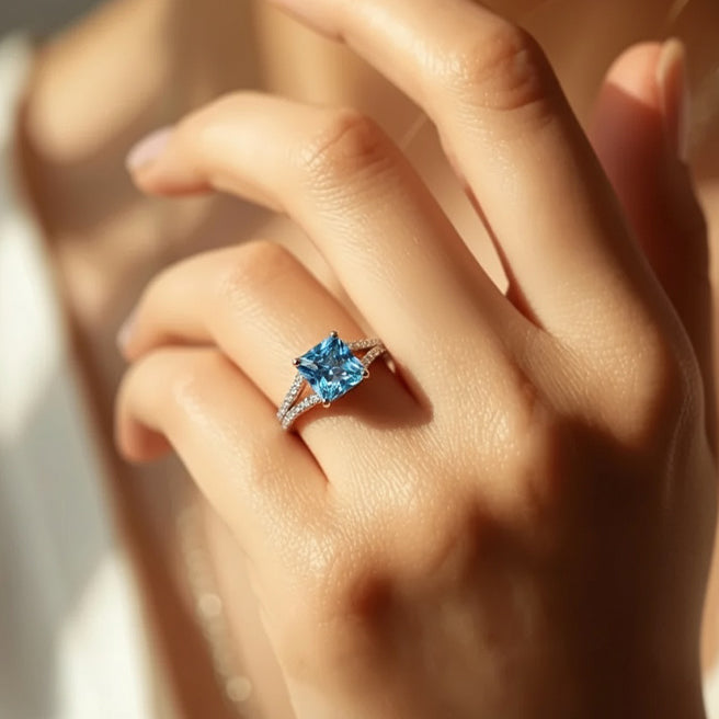 Aurora’s Gleam | 2CT Princess Cut Blue Sapphire Ring