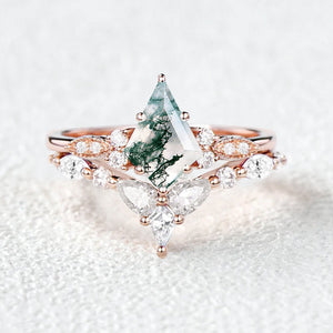 Moss Agate White Gold Engagement Ring Set 2pcs