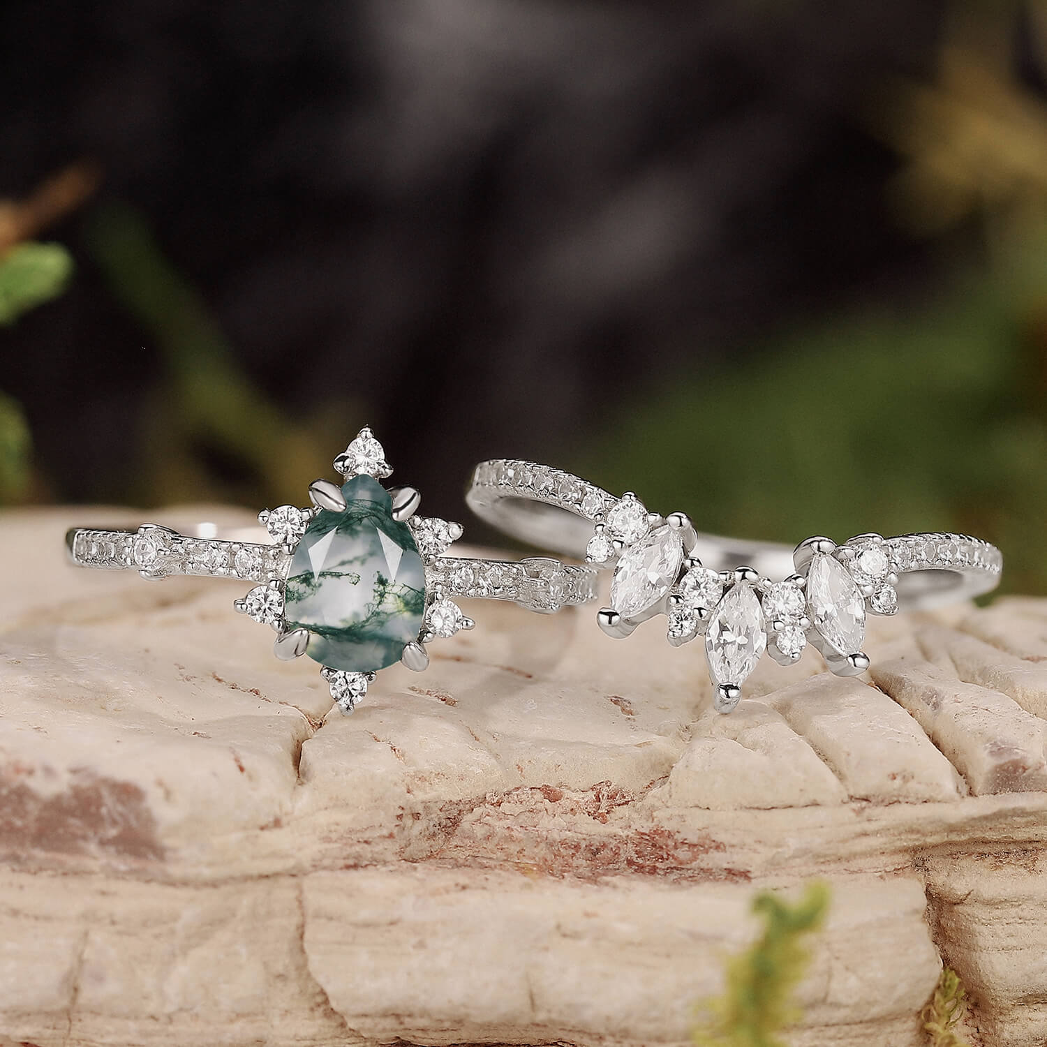 Unique Pear Cut Moss Agate Cluster Engagement Ring Set