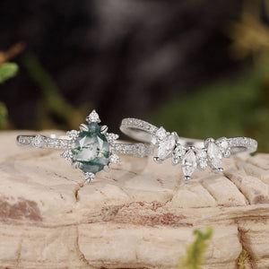 Unique Pear Cut Moss Agate Cluster Engagement Ring Set