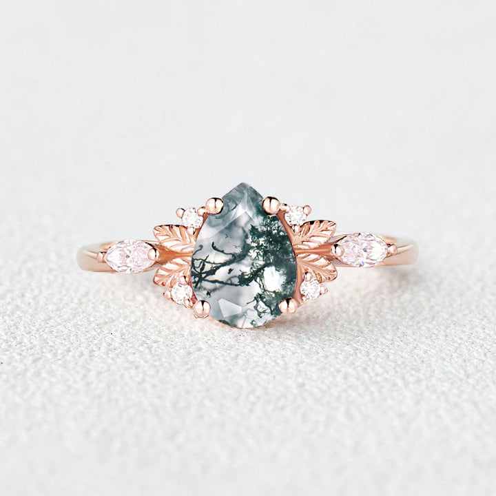 Unique Leafy Pear Shaped Moss Agate Engagement Fairy Ring - Susan