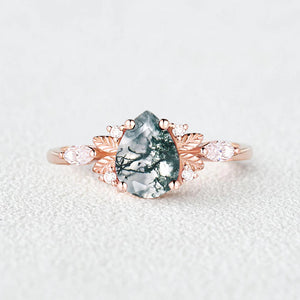 Unique Leafy Pear Shaped Moss Agate Engagement Fairy Ring - Susan