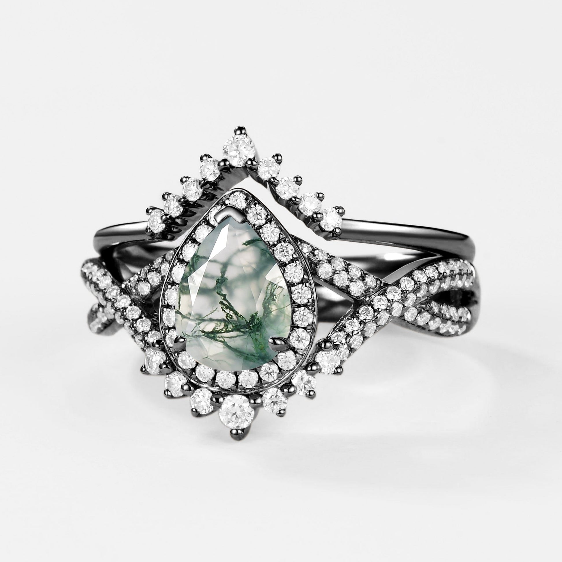 Black Gold Pear Moss Agate Halo Infinity Ring Set 2pcs - Valentina