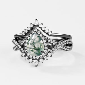 Black Gold Pear Moss Agate Halo Infinity Ring Set 2pcs - Valentina