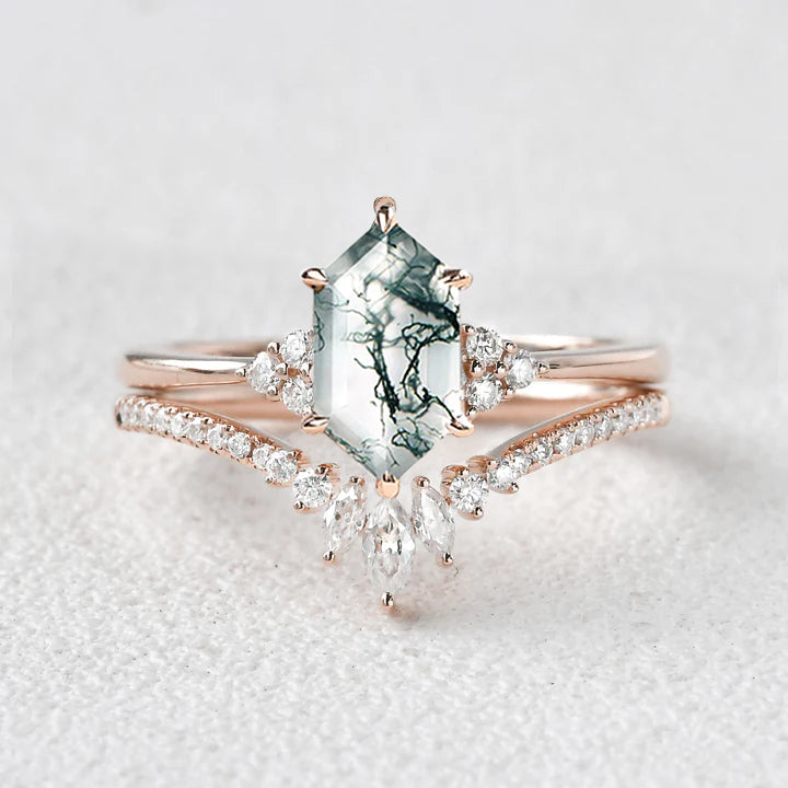 Long Hexagon Moss Agate Bridal Ring Set 2pcs - Lydia
