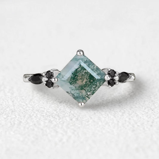 Nature Inspired Square Cut Moss Agate Leaf and Vine Promise Ring