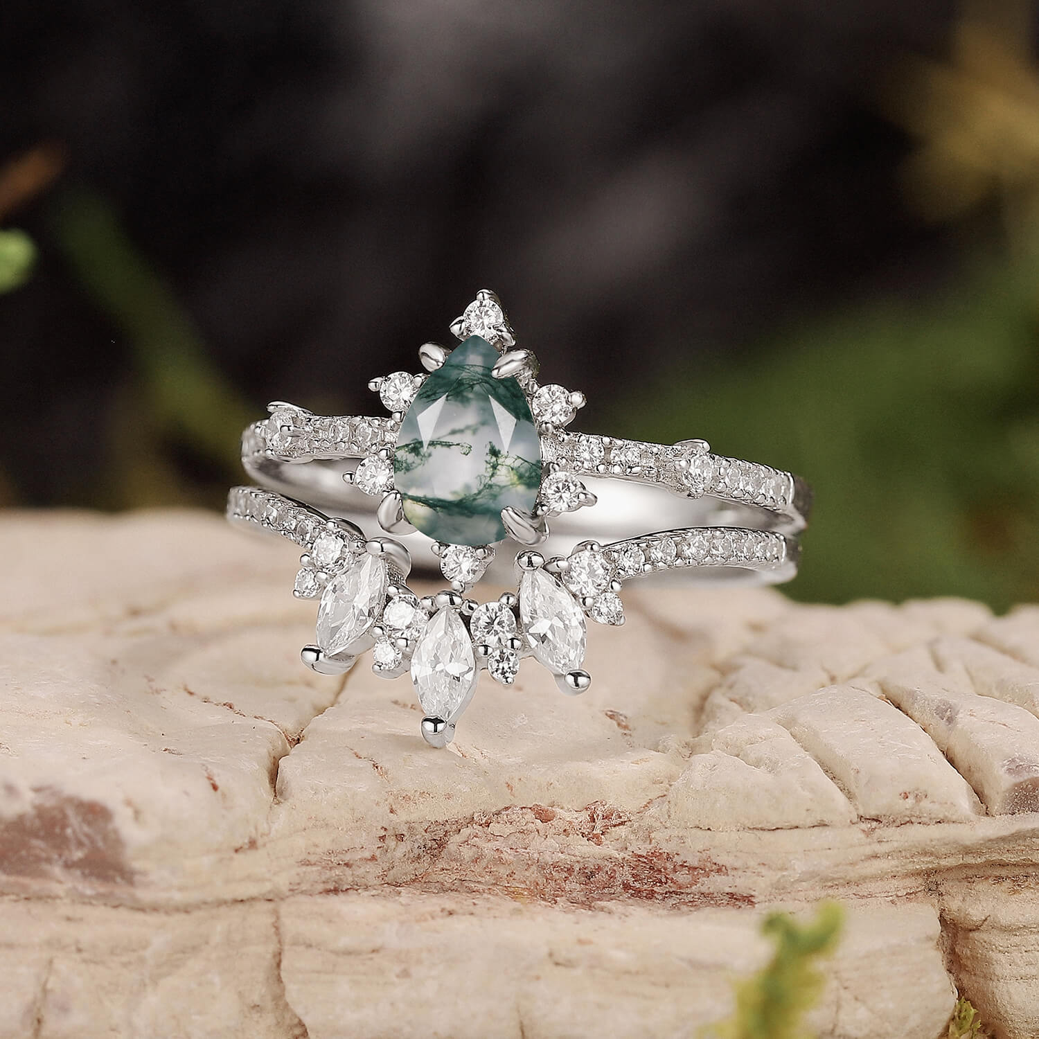 Unique Pear Cut Moss Agate Cluster Engagement Ring Set