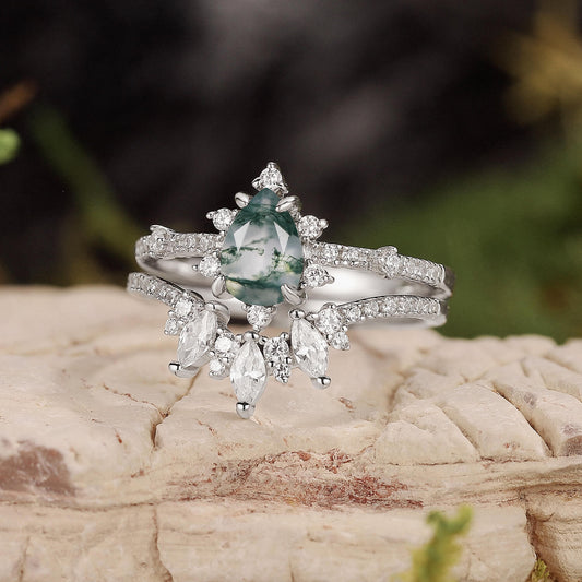 Unique Pear Cut Moss Agate Cluster Engagement Ring Set