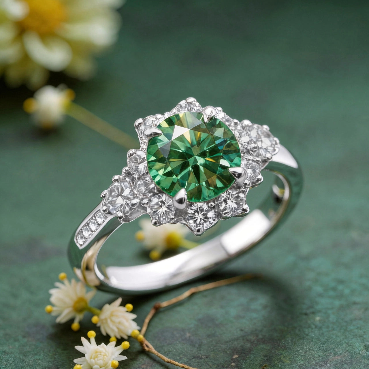 Marina's Grove | Round Cut Green Sapphire Halo Ring