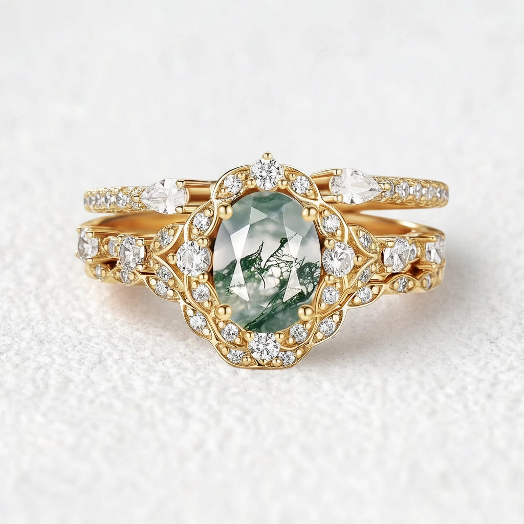 Unique Oval Cut Moss Agate Cluster Engagement Ring Set 3pcs