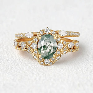 Unique Oval Cut Moss Agate Cluster Engagement Ring Set 3pcs