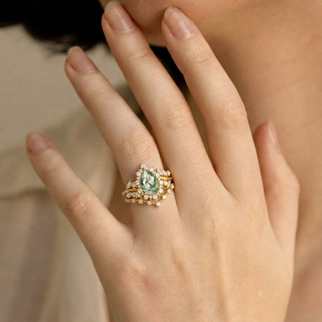 Kaelin Pear Cut Moss Agate Cluster Engagement Ring Set 2pcs