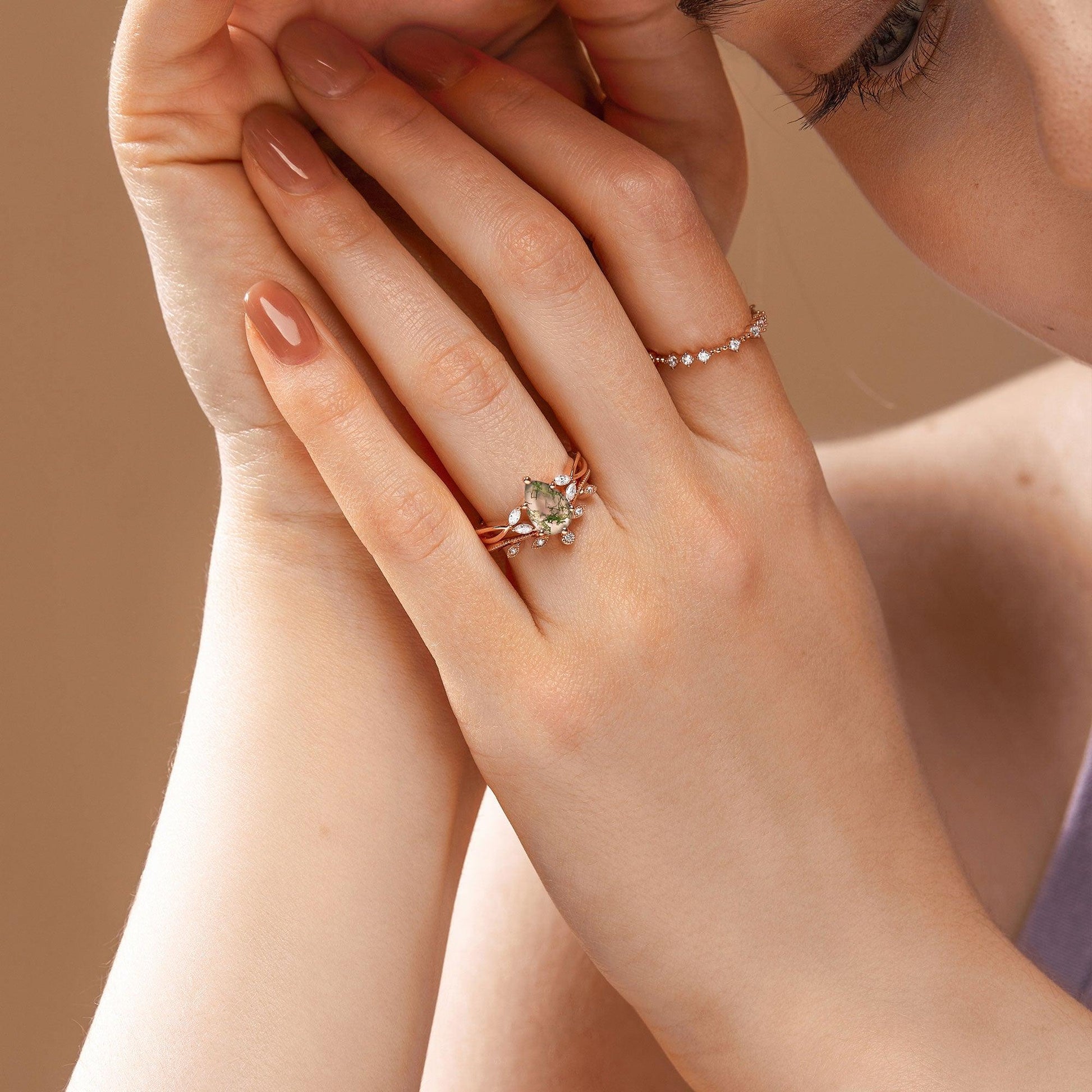 Pear Shaped Moss Agate Bridal Ring Set 2pcs - Autumn