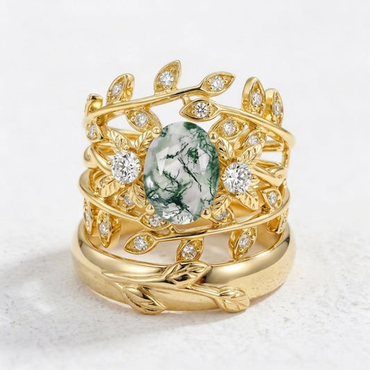 Léonie Oval Cut Moss Agate Leafy Gold Couple Ring Set