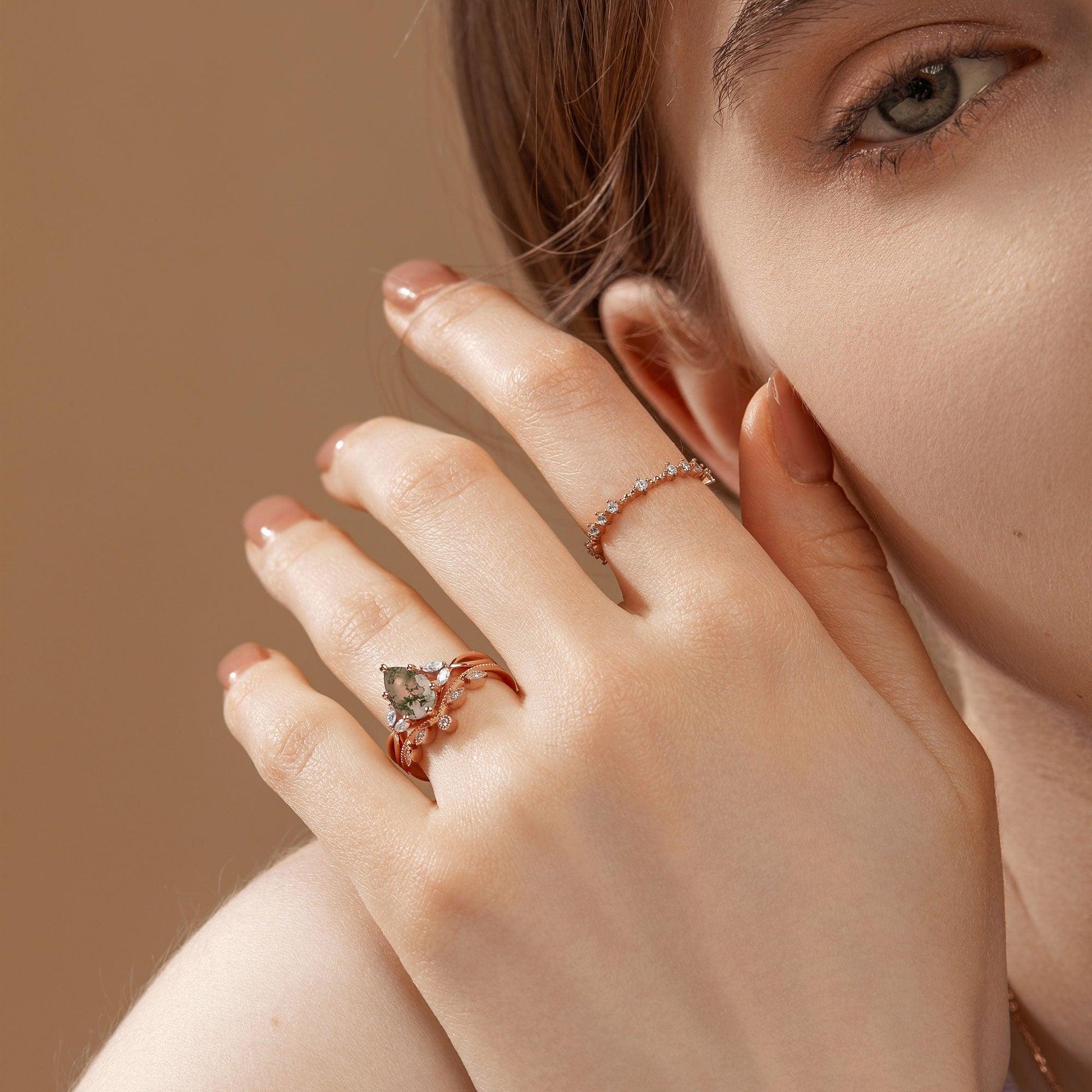 Pear Shaped Moss Agate Bridal Ring Set 2pcs - Autumn