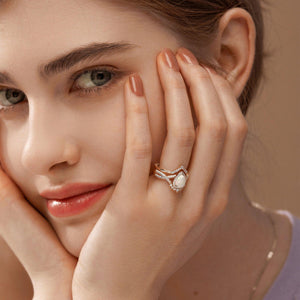 Pear Moss Agate Halo Infinity Ring Set 2pcs - Valentina