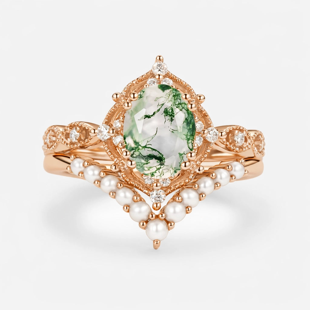 Slate Oval Cut Moss Agate & Pearl Vintage Gold Ring Set 2pcs