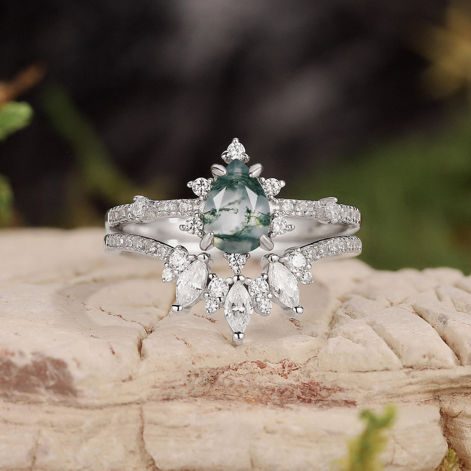 Unique Pear Cut Moss Agate Cluster Engagement Ring Set