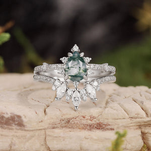 Unique Pear Cut Moss Agate Cluster Engagement Ring Set