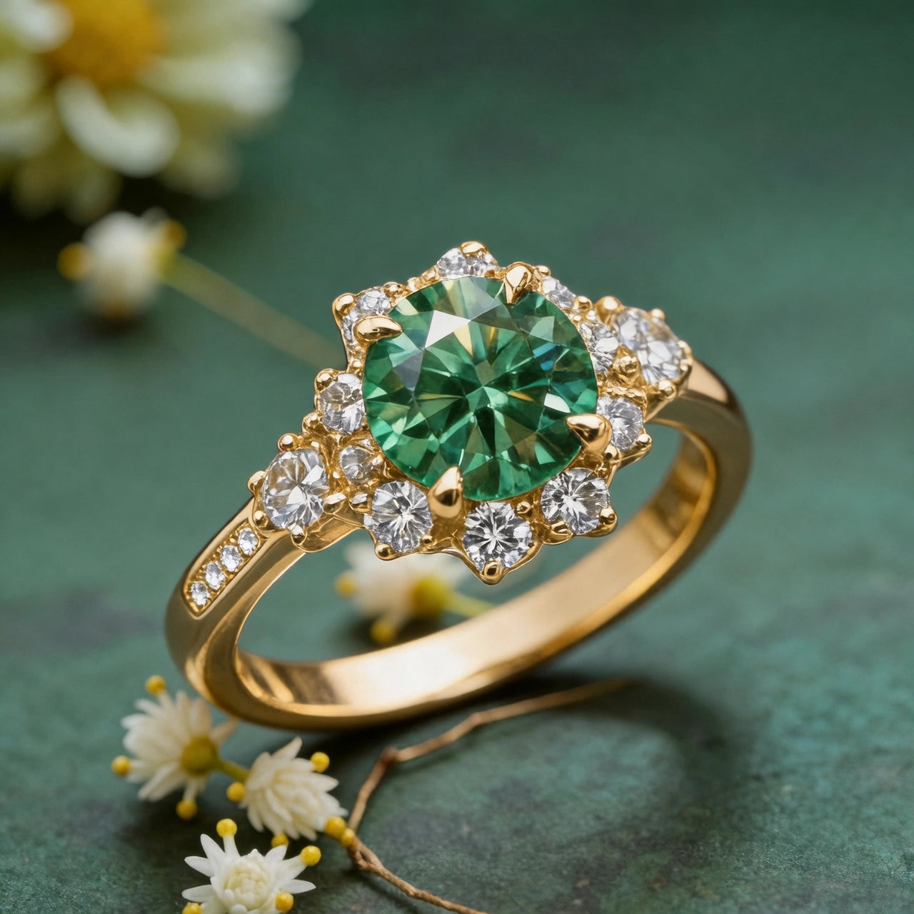 Marina's Grove | Round Cut Green Sapphire Halo Ring