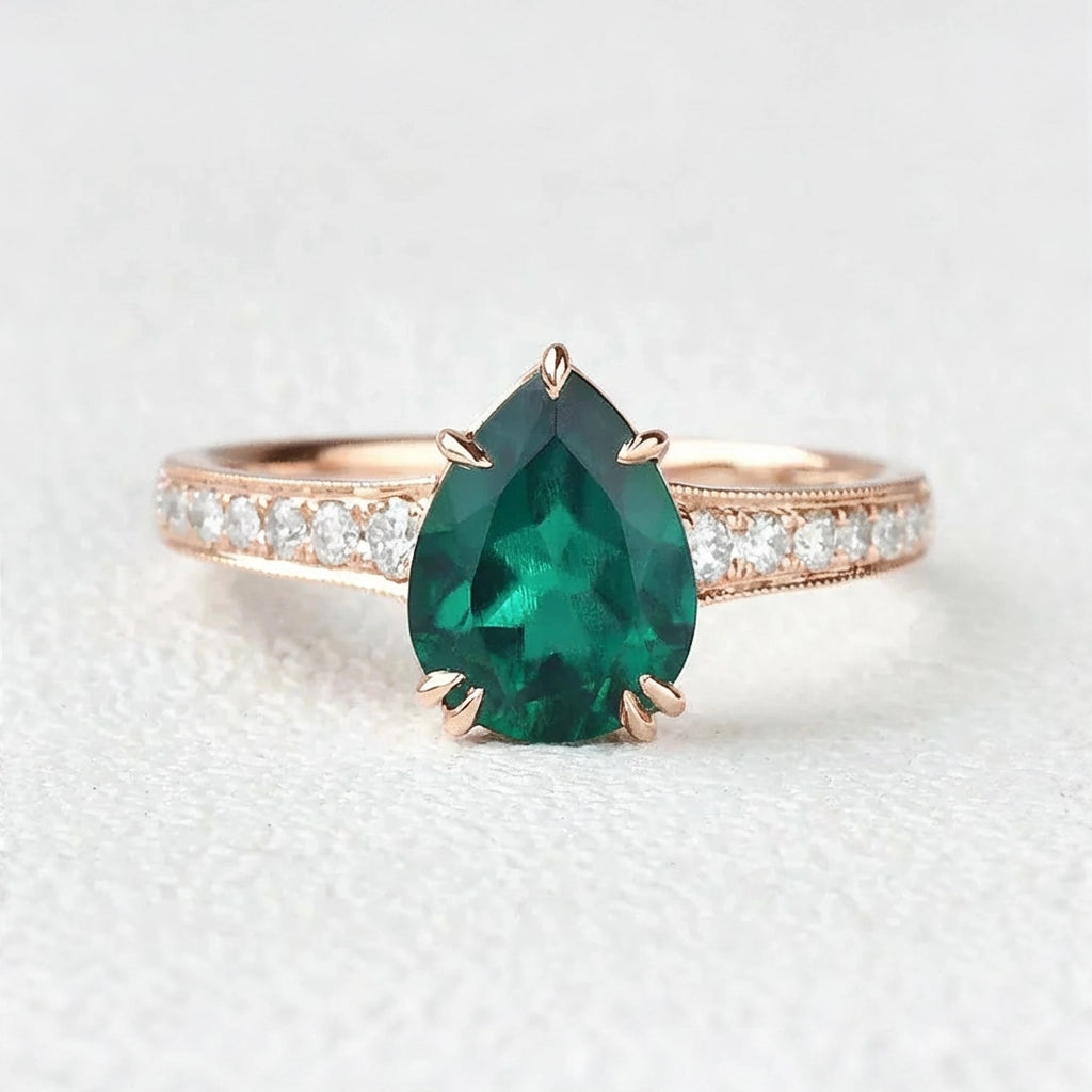 Classic 1.5CT Pear Shaped Lab Emerald White Gold Ring