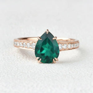 Classic 1.5CT Pear Shaped Lab Emerald White Gold Ring
